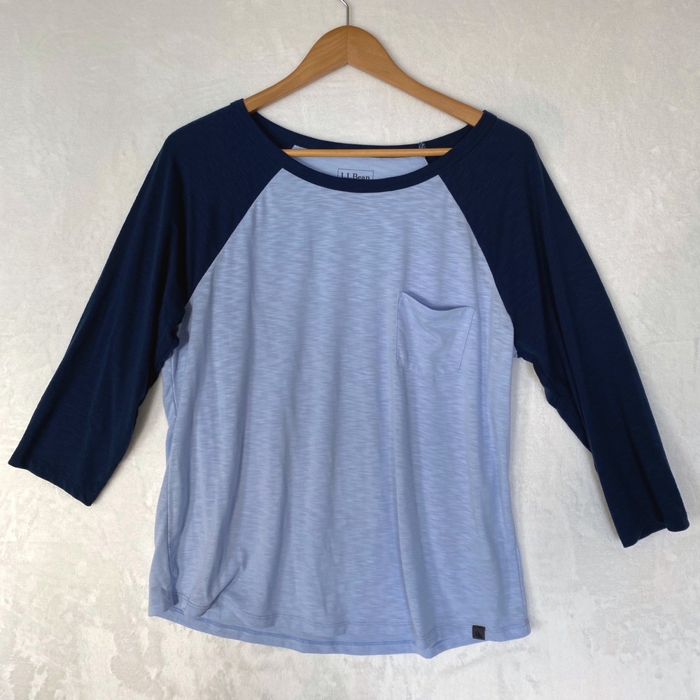 LLBean Womens Baseball Tee Burgundy Navy Blue Heathered Pocket‎ XL REG